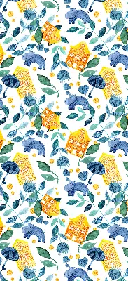 Roller blind for large window yellow houses and blue plants print