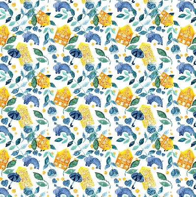 Roller blind for large window yellow houses and blue plants print