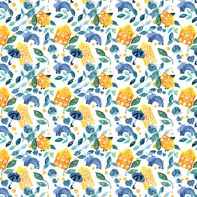 Roller blind for large window Yellow houses blue plants