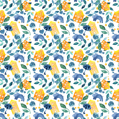 Roller blind for large window Yellow houses blue plants