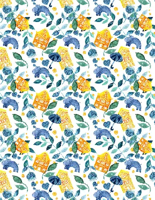 Roller blind for large window yellow houses and blue plants print