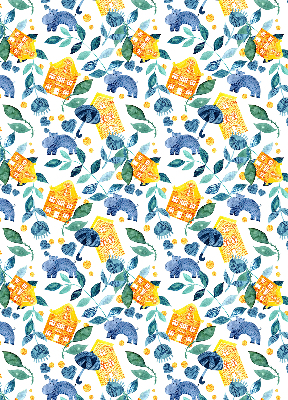 Roller blind for large window Yellow houses blue plants