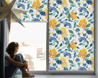 Roller blind for large window yellow houses and blue plants print