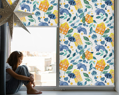 Roller blind for large window Yellow houses blue plants