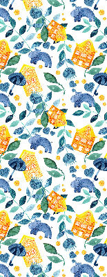 Roller blind for large window Yellow houses blue plants