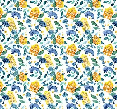 Roller blind for large window yellow houses and blue plants print