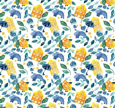 Roller blind for large window yellow houses and blue plants print