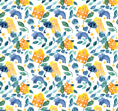 Roller blind for large window Yellow houses blue plants