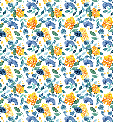 Roller blind for large window Yellow houses blue plants