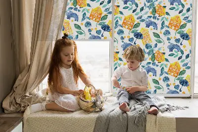 Roller blind for large window yellow houses and blue plants print