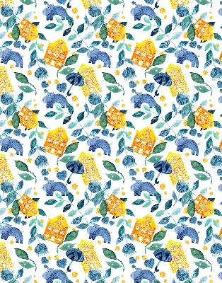Roller blind for large window yellow houses and blue plants print