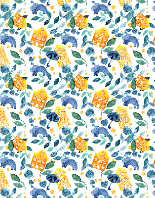 Roller blind for large window Yellow houses blue plants