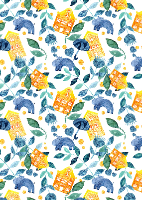 Roller blind for large window Yellow houses blue plants