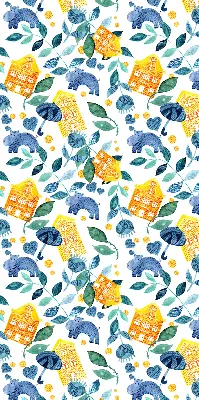 Roller blind for large window yellow houses and blue plants print
