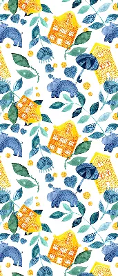 Roller blind for large window yellow houses and blue plants print