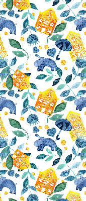 Roller blind for large window Yellow houses blue plants