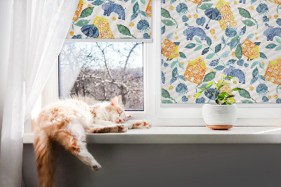 Roller blind for large window Yellow houses blue plants