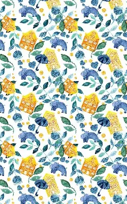 Roller blind for large window yellow houses and blue plants print