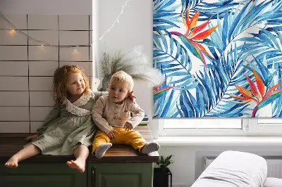 Roller blind for large windows blue leaves pattern