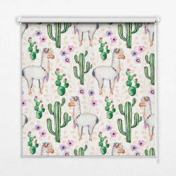 Modern roller blind with llamas and cacti print