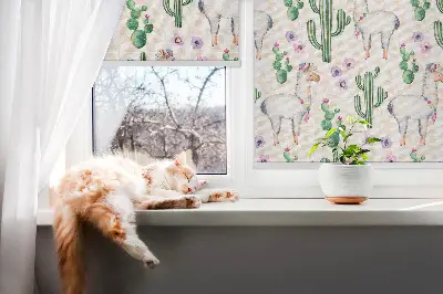 Modern roller blind with llamas and cacti print