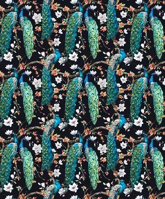 Fabric roller blind peacock with flowers pattern