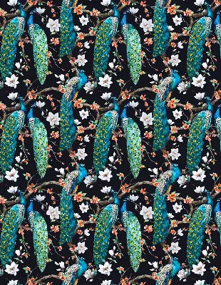 Fabric roller blind peacock with flowers pattern