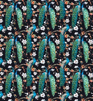Fabric roller blind peacock with flowers pattern