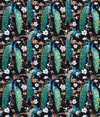 Fabric roller blind peacock with flowers pattern