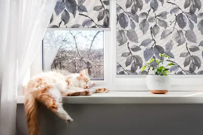 Fabric roller blind dark leaves pattern