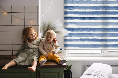 Roller blind for large window painted with blue stripes