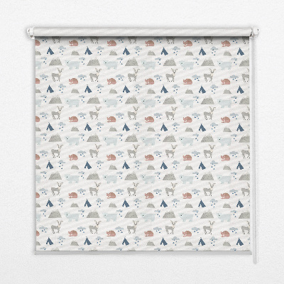 Fabric roller blind with a mountains, rain, and animals pattern
