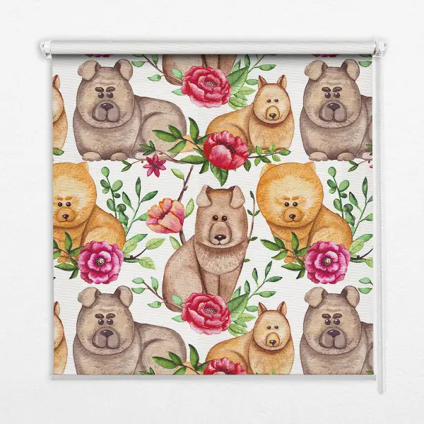 Modern roller blind with dogs among the flowers motif