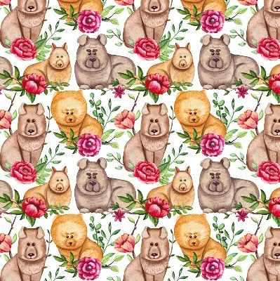 Modern roller blind with dogs among the flowers motif