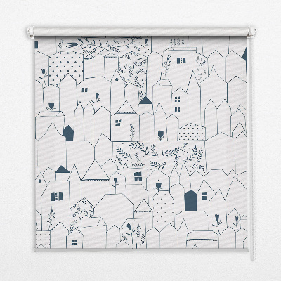 Fabric roller blind with a drawn houses pattern