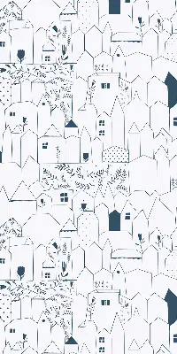 Fabric roller blind with a drawn houses pattern
