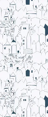 Fabric roller blind with a drawn houses pattern