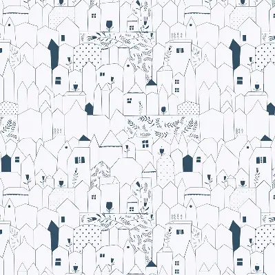 Fabric roller blind with a drawn houses pattern