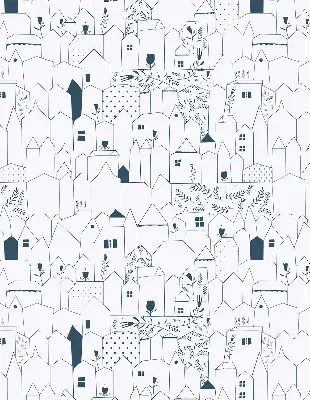 Fabric roller blind with a drawn houses pattern