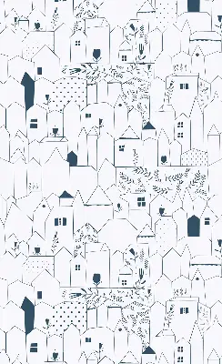 Fabric roller blind with a drawn houses pattern