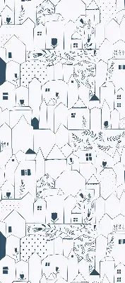Fabric roller blind with a drawn houses pattern