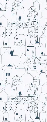 Fabric roller blind with a drawn houses pattern