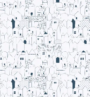 Fabric roller blind with a drawn houses pattern
