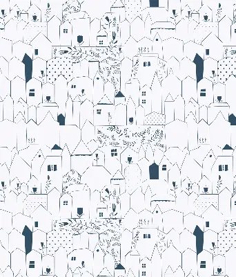 Fabric roller blind with a drawn houses pattern