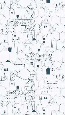 Fabric roller blind with a drawn houses pattern