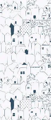 Fabric roller blind with a drawn houses pattern