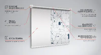 Fabric roller blind with a drawn houses pattern