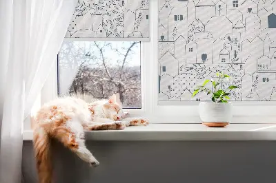 Fabric roller blind with a drawn houses pattern