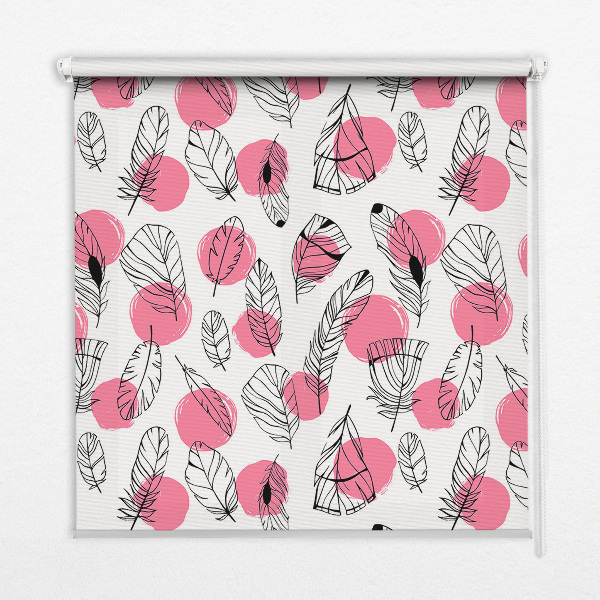 Fabric roller blind with a feathers and pink dots pattern