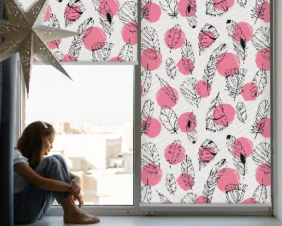 Fabric roller blind with a feathers and pink dots pattern
